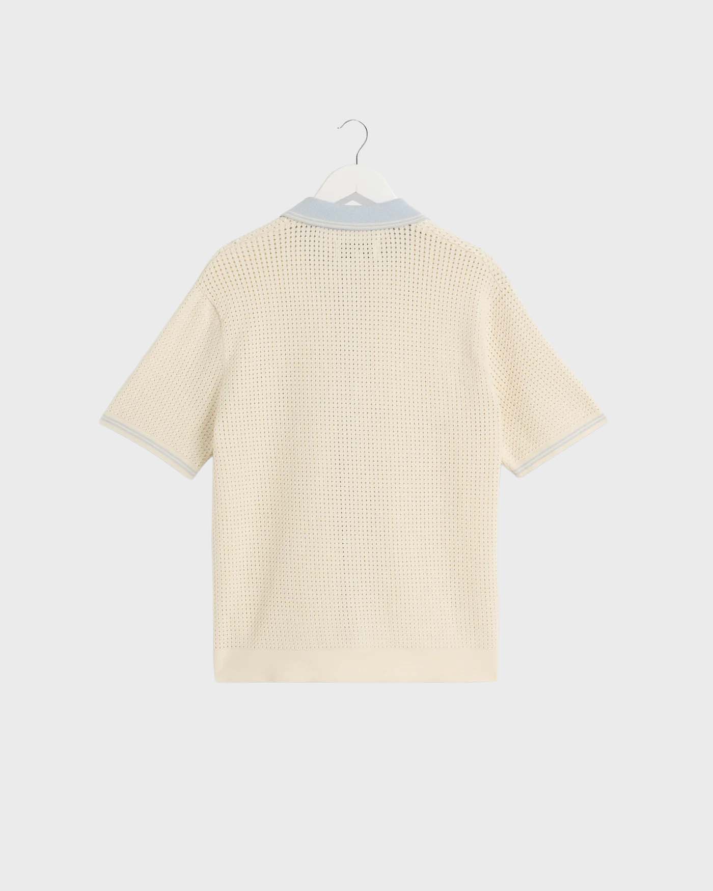 Wax London Belle Tipped Pointelle Polo Shirt in Ecru/Blue - Image 3