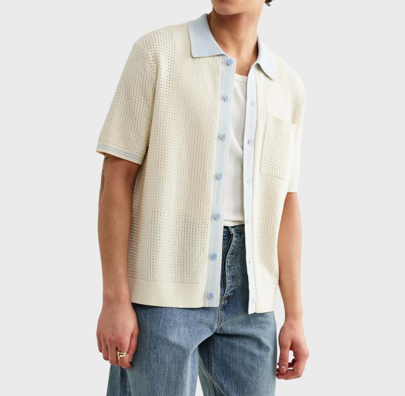 Wax London Belle Tipped Pointelle Polo Shirt in Ecru/Blue - Image 4