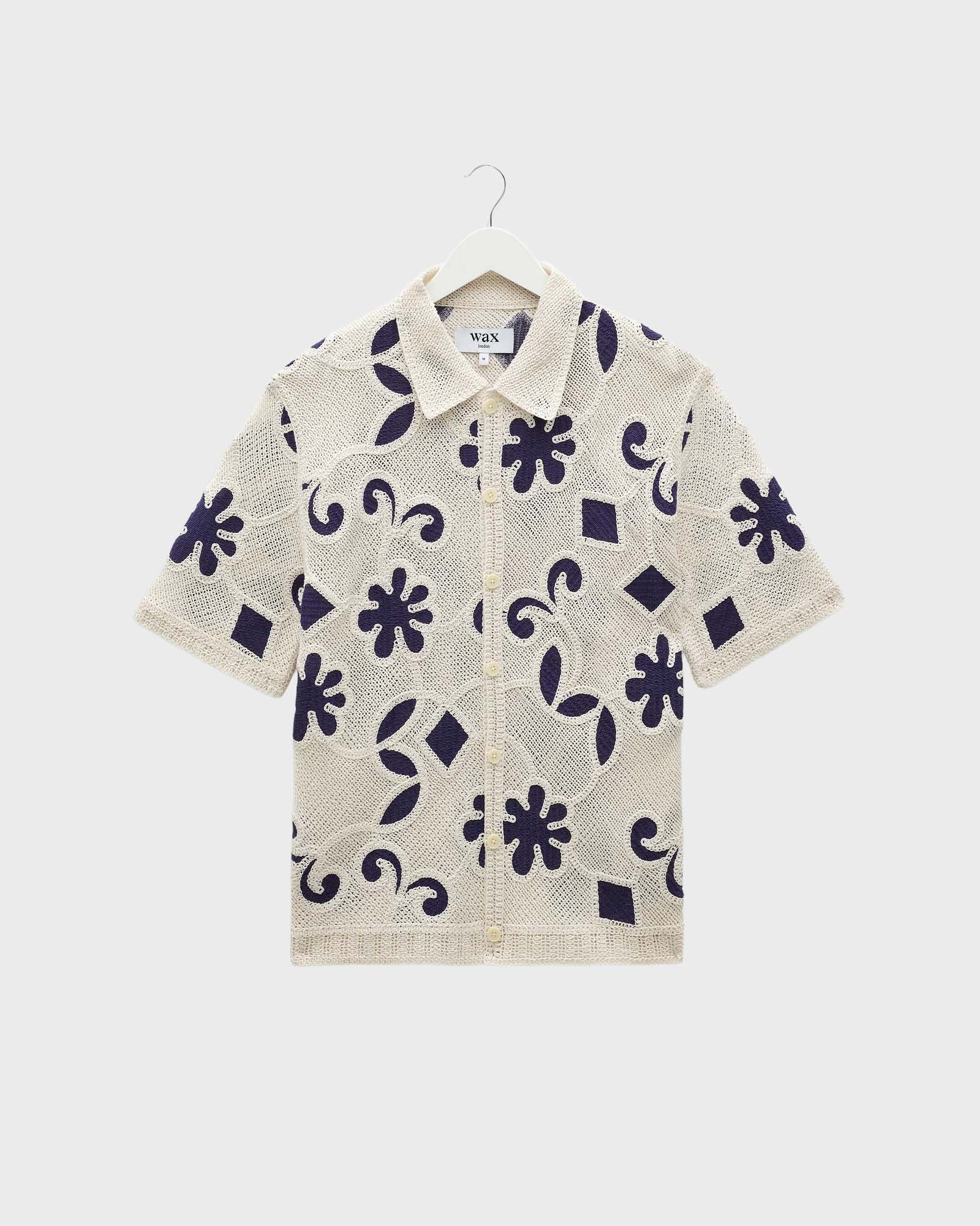 Wax London Porto Doodle Crochet Knit Shirt in Ecru/Navy