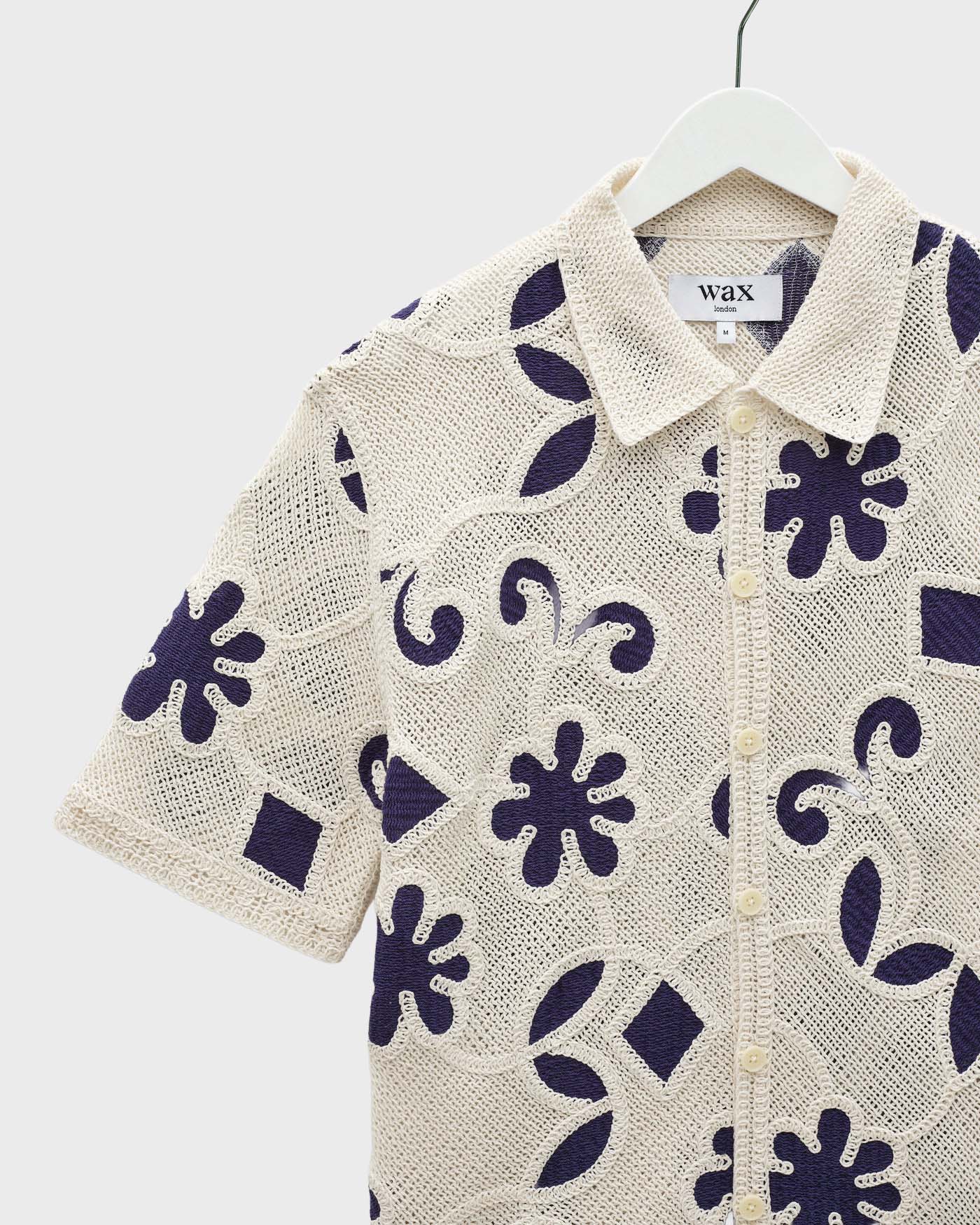 Wax London Porto Doodle Crochet Knit Shirt in Ecru/Navy - Image 2