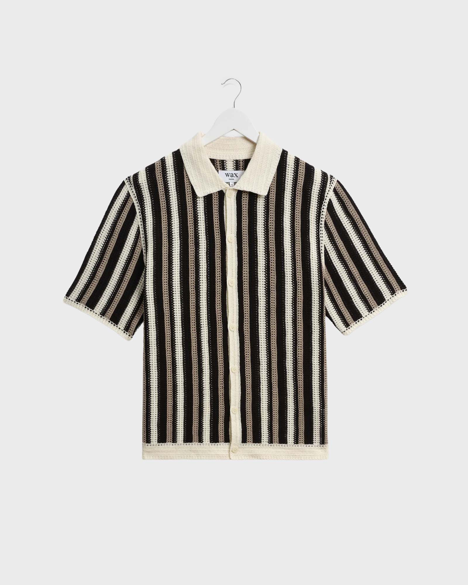 Wax London Porto Striped Crochet Knitted Polo Shirt in Ecru/Black