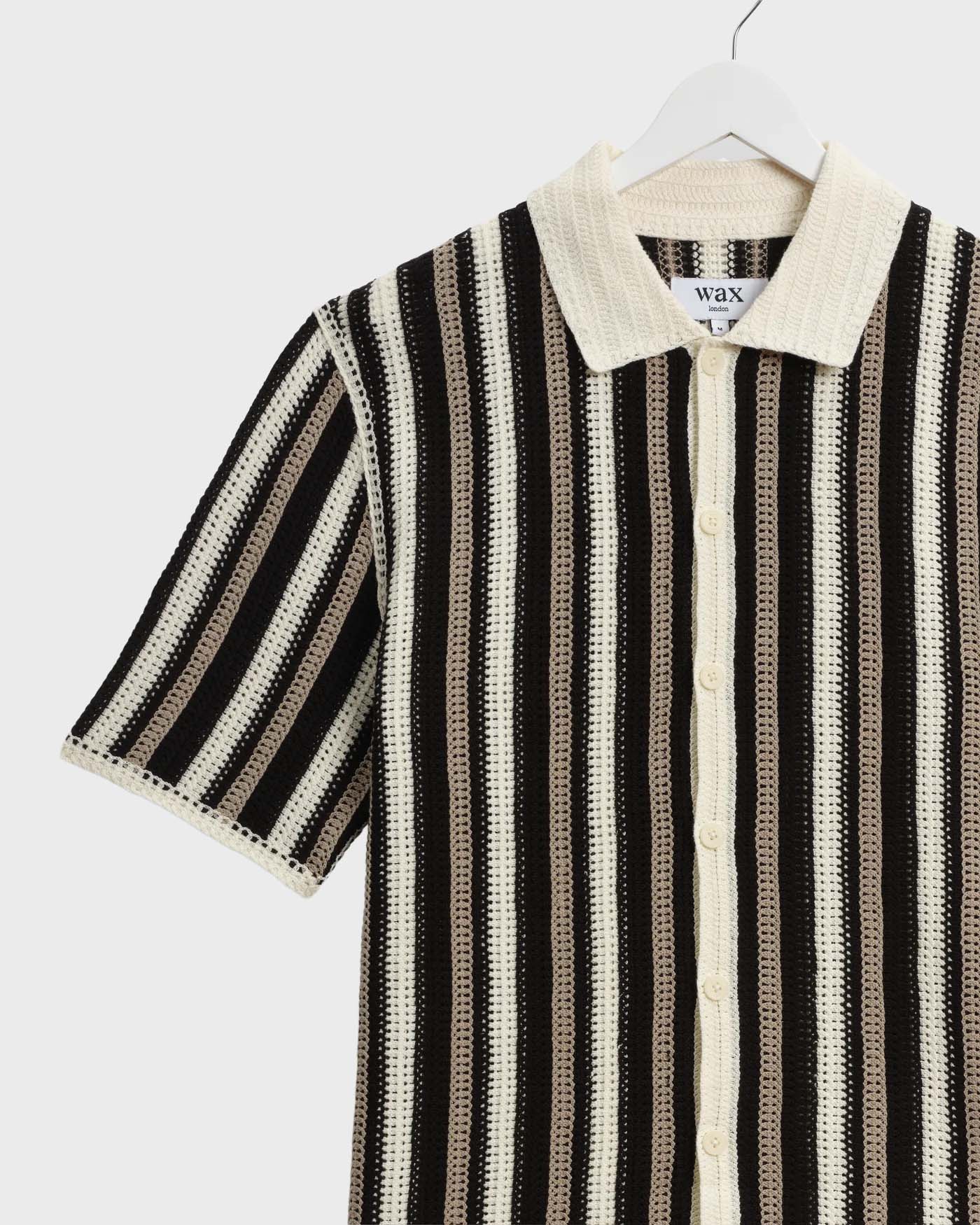 Wax London Porto Striped Crochet Knitted Polo Shirt in Ecru/Black - Image 2